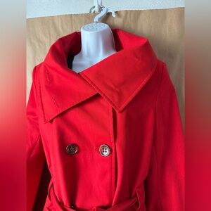 DKNY red funnel neck belted trench / pea coat. Large.